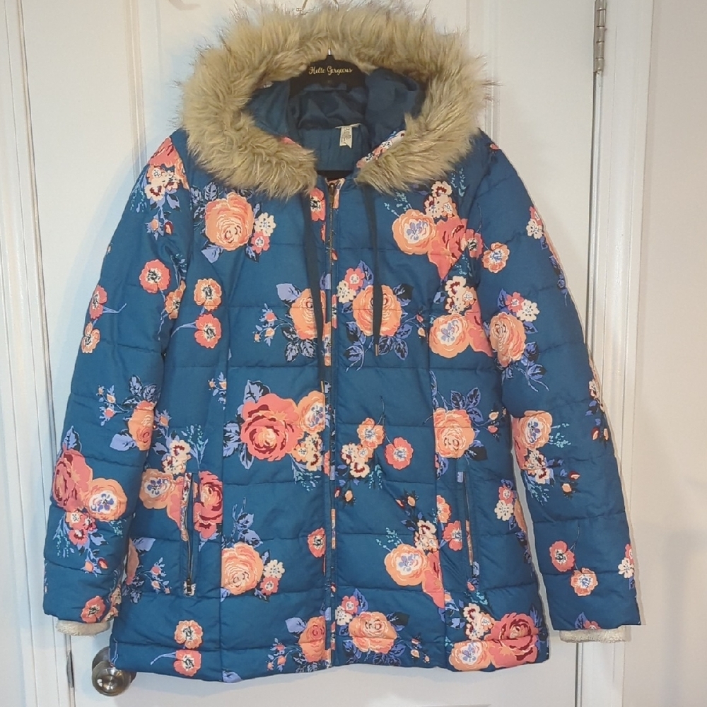 Matilda Jane Pink and Blue Puffer Jacket with Faux Fur Hood